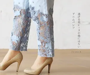 Unique denim pants with transparent floral lace french