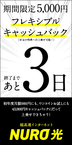  Limited time 5,000 yen Flexible Cash Back End of 3 days NURO Hikari