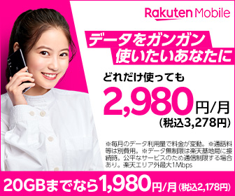 データをガンガン使いたいあなたにどれだけ使っても2,980円/月（税別）RakutenMobile